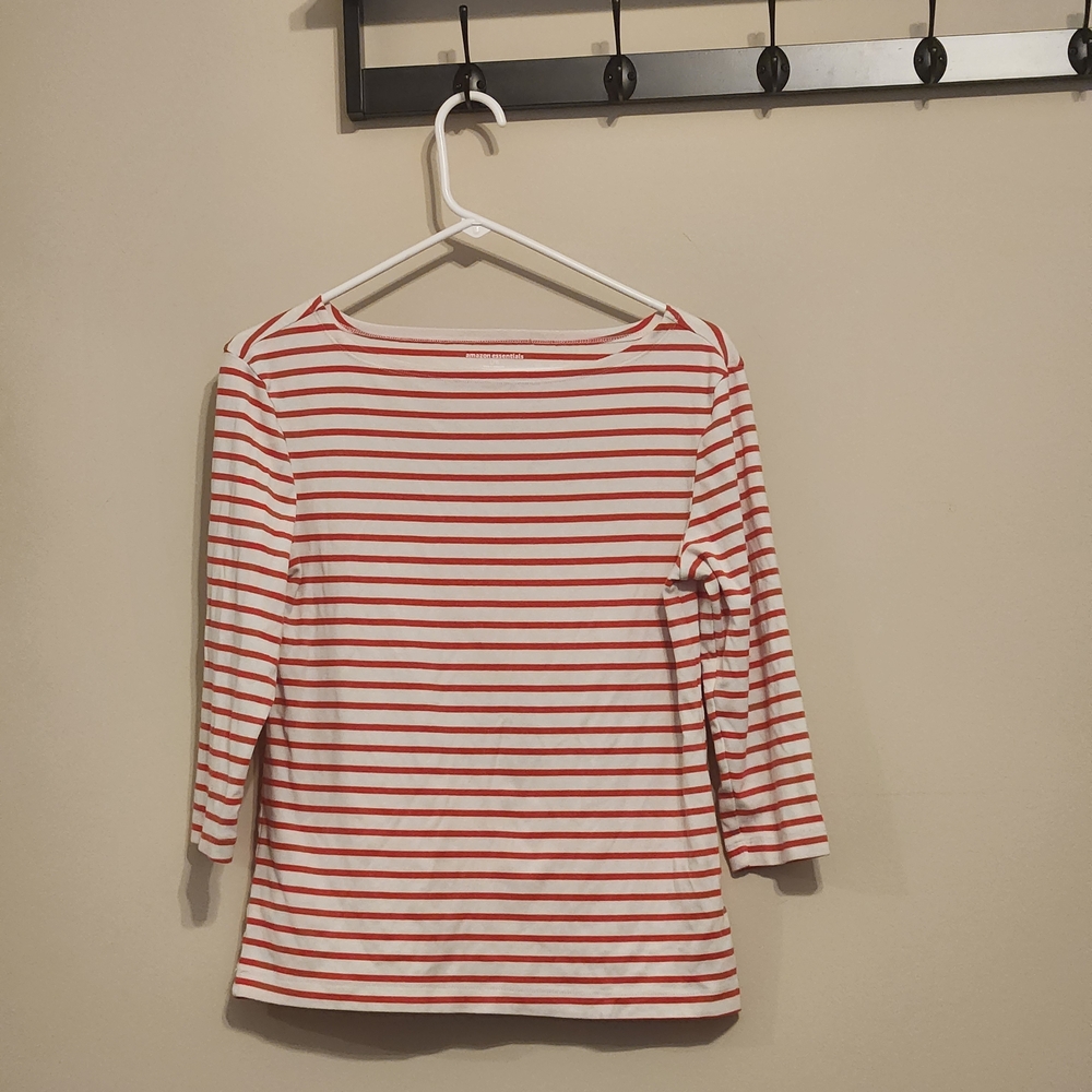 Amazon Essentials Women's Red and White Striped 3/4 Sleeve Top